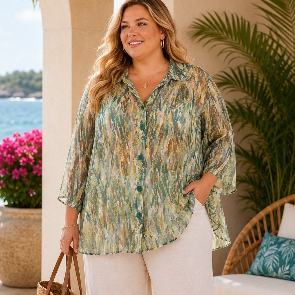 Maggie Barnes Green Abstract Metallic Lurex Button Up Sheer Resort Blouse 3X‎